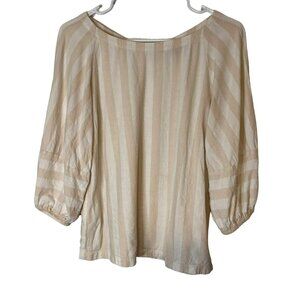 LOFT Linen Blend X Small Top Boatneck Balloon Sleeve Cream Tan Boho minimalist